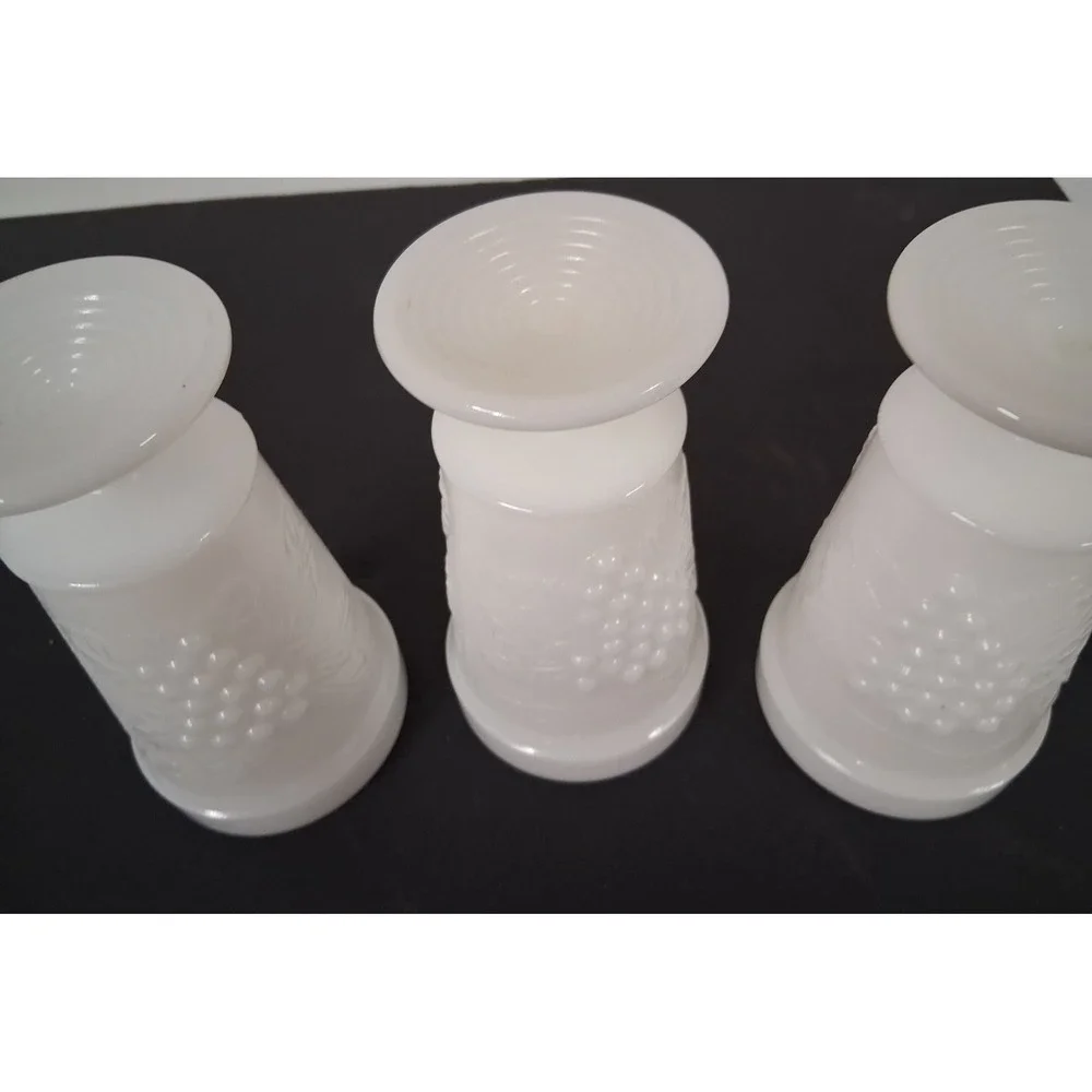 3 Vintage Anchor Hocking White Milk Glass Footed Tumbler Goblet Grape Vine